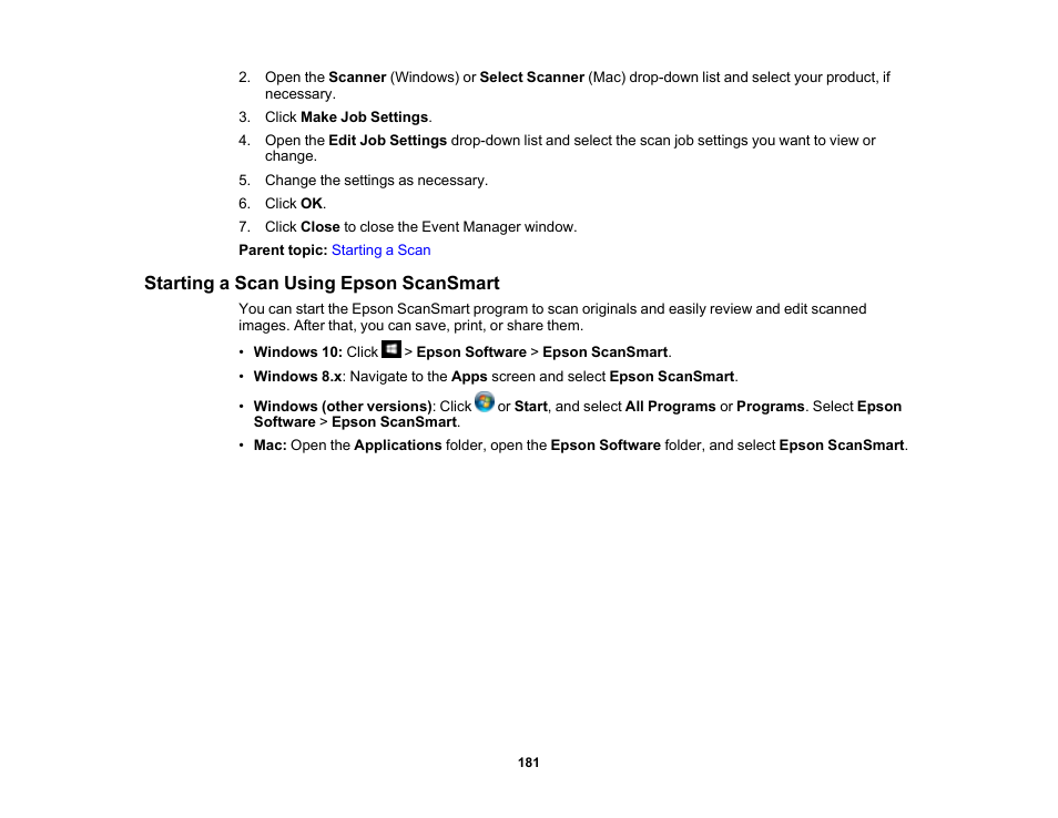 Starting a scan using epson scansmart | Epson EcoTank Pro ET-5150 Wireless All-in-One Supertank Printer User Manual | Page 181 / 387