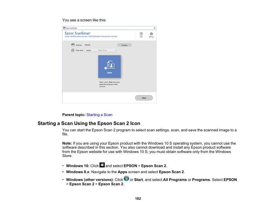 Starting a scan using the epson scan 2 icon | Epson EcoTank Pro ET-5150 Wireless All-in-One Supertank Printer User Manual | Page 182 / 387