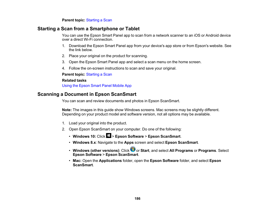 Starting a scan from a smartphone or tablet, Scanning a document in epson scansmart | Epson EcoTank Pro ET-5150 Wireless All-in-One Supertank Printer User Manual | Page 186 / 387