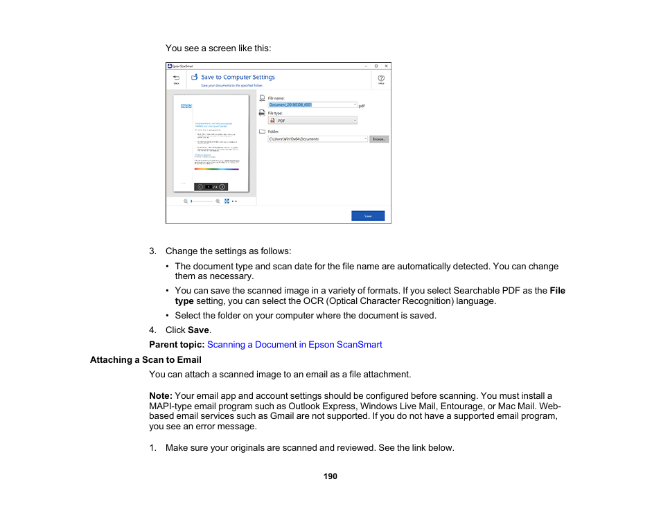 Attaching a scan to email | Epson EcoTank Pro ET-5150 Wireless All-in-One Supertank Printer User Manual | Page 190 / 387