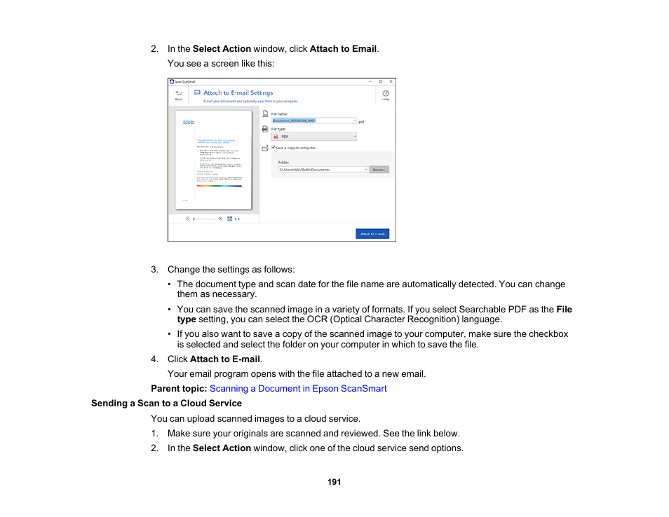 Sending a scan to a cloud service | Epson EcoTank Pro ET-5150 Wireless All-in-One Supertank Printer User Manual | Page 191 / 387