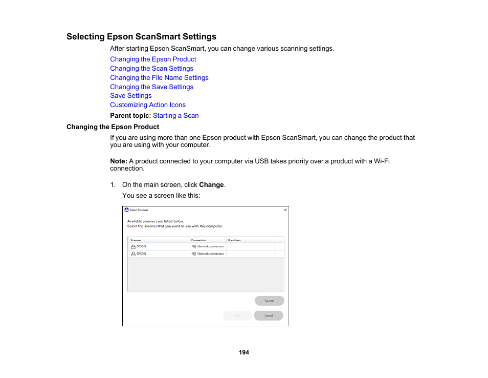 Selecting epson scansmart settings, Changing the epson product | Epson EcoTank Pro ET-5150 Wireless All-in-One Supertank Printer User Manual | Page 194 / 387