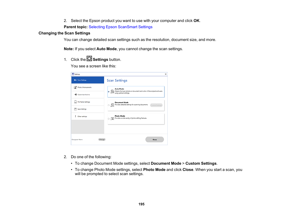 Changing the scan settings | Epson EcoTank Pro ET-5150 Wireless All-in-One Supertank Printer User Manual | Page 195 / 387