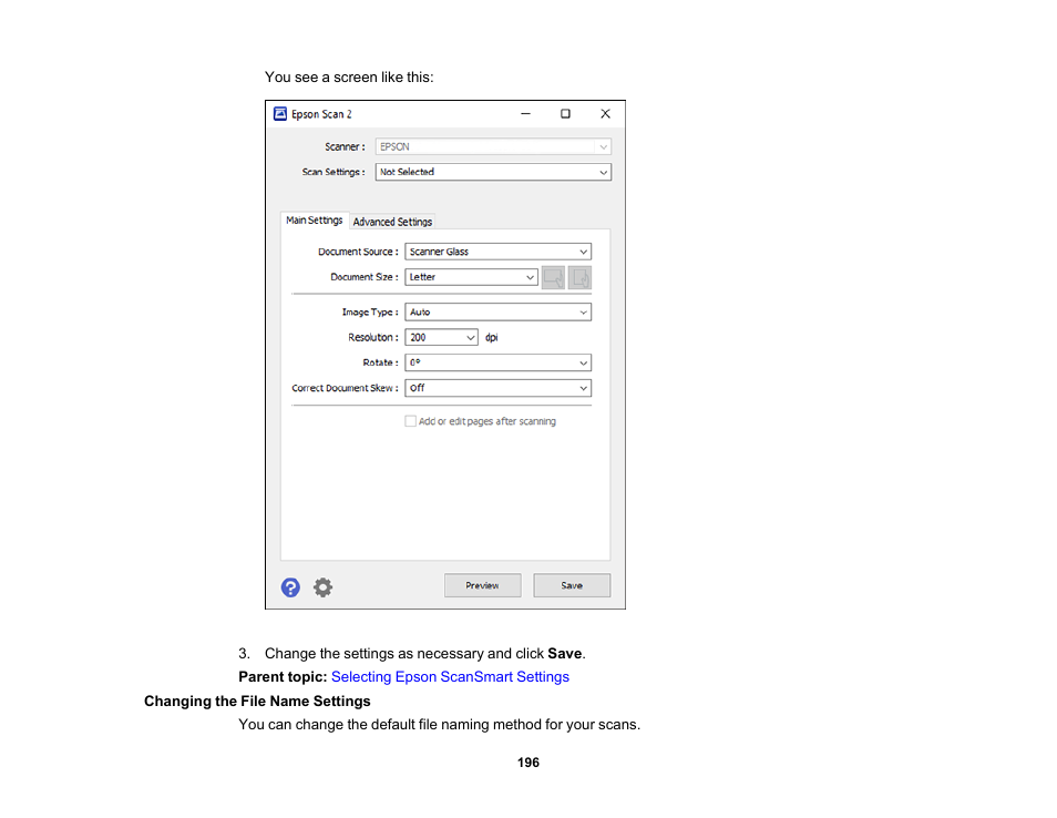 Changing the file name settings | Epson EcoTank Pro ET-5150 Wireless All-in-One Supertank Printer User Manual | Page 196 / 387