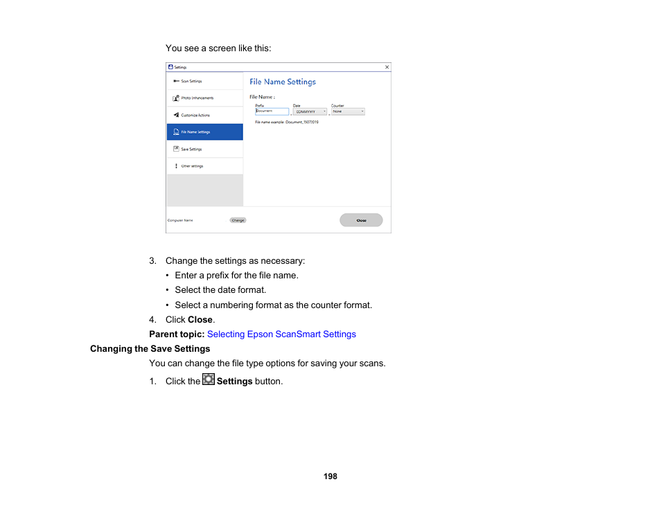 Changing the save settings | Epson EcoTank Pro ET-5150 Wireless All-in-One Supertank Printer User Manual | Page 198 / 387