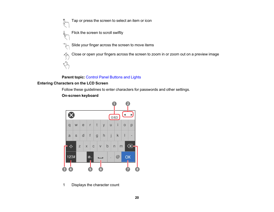 Entering characters on the lcd screen | Epson EcoTank Pro ET-5150 Wireless All-in-One Supertank Printer User Manual | Page 20 / 387