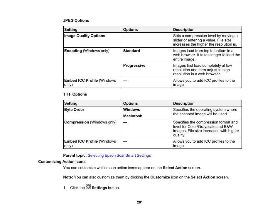 Customizing action icons | Epson EcoTank Pro ET-5150 Wireless All-in-One Supertank Printer User Manual | Page 201 / 387