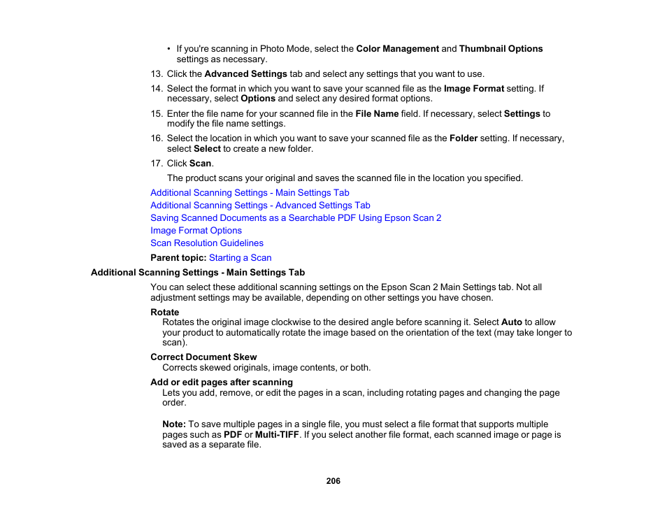 Additional scanning settings - main settings tab | Epson EcoTank Pro ET-5150 Wireless All-in-One Supertank Printer User Manual | Page 206 / 387