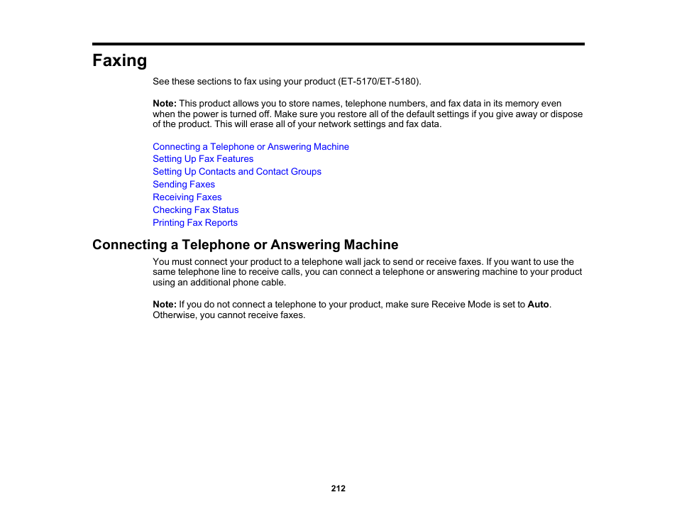 Faxing, Connecting a telephone or answering machine | Epson EcoTank Pro ET-5150 Wireless All-in-One Supertank Printer User Manual | Page 212 / 387
