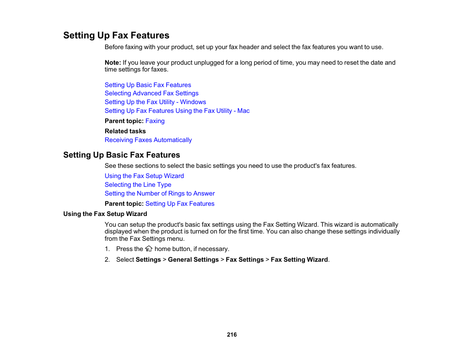 Setting up fax features, Setting up basic fax features, Using the fax setup wizard | Epson EcoTank Pro ET-5150 Wireless All-in-One Supertank Printer User Manual | Page 216 / 387