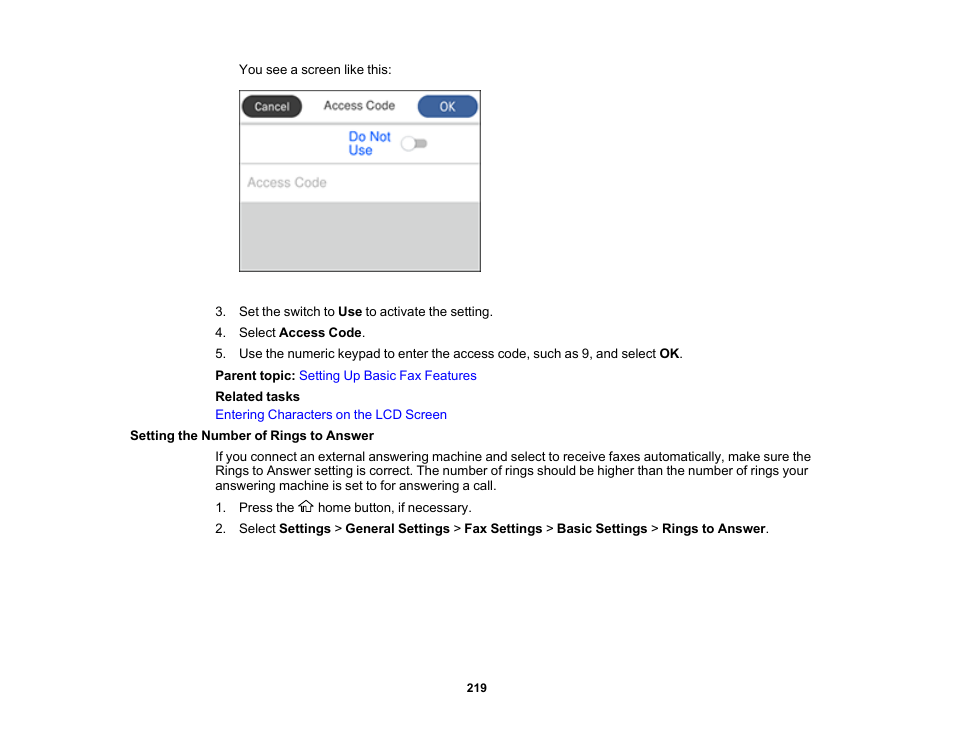 Setting the number of rings to answer | Epson EcoTank Pro ET-5150 Wireless All-in-One Supertank Printer User Manual | Page 219 / 387