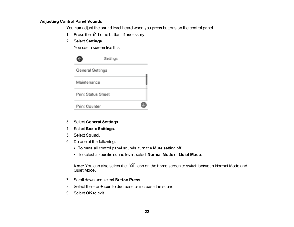 Adjusting control panel sounds | Epson EcoTank Pro ET-5150 Wireless All-in-One Supertank Printer User Manual | Page 22 / 387