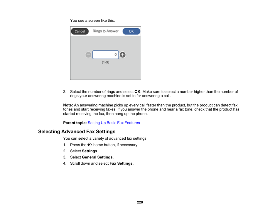 Selecting advanced fax settings | Epson EcoTank Pro ET-5150 Wireless All-in-One Supertank Printer User Manual | Page 220 / 387