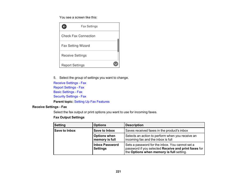 Receive settings - fax | Epson EcoTank Pro ET-5150 Wireless All-in-One Supertank Printer User Manual | Page 221 / 387