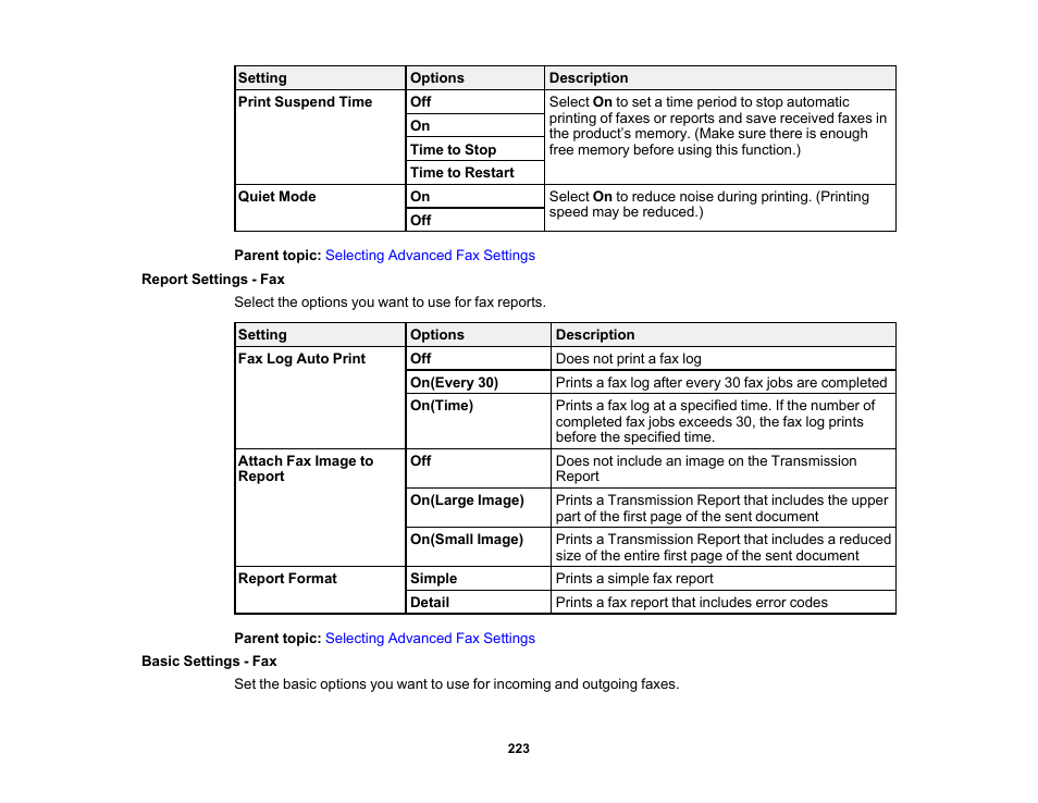 Report settings - fax, Basic settings - fax, Report settings - fax basic settings - fax | Epson EcoTank Pro ET-5150 Wireless All-in-One Supertank Printer User Manual | Page 223 / 387