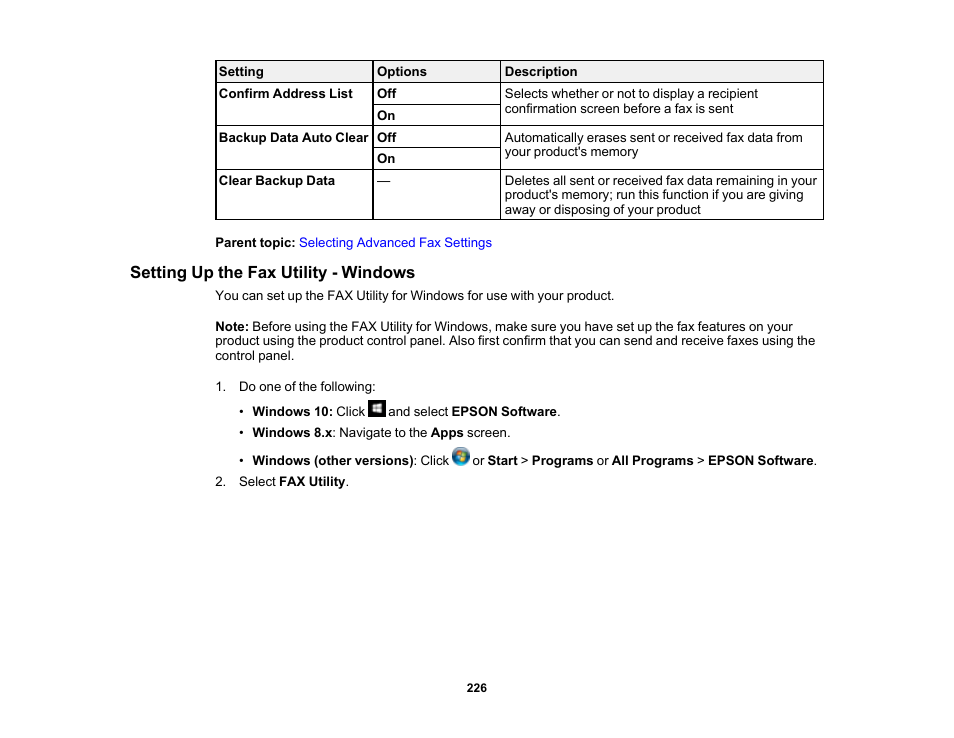 Setting up the fax utility - windows | Epson EcoTank Pro ET-5150 Wireless All-in-One Supertank Printer User Manual | Page 226 / 387