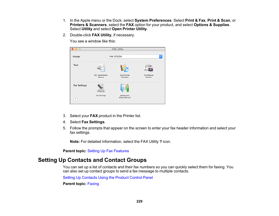 Setting up contacts and contact groups | Epson EcoTank Pro ET-5150 Wireless All-in-One Supertank Printer User Manual | Page 229 / 387