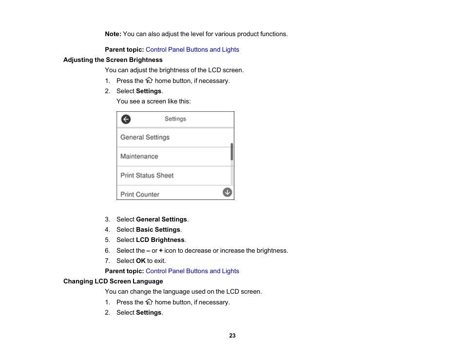 Adjusting the screen brightness, Changing lcd screen language | Epson EcoTank Pro ET-5150 Wireless All-in-One Supertank Printer User Manual | Page 23 / 387