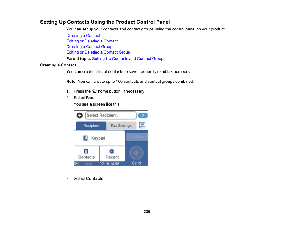 Creating a contact | Epson EcoTank Pro ET-5150 Wireless All-in-One Supertank Printer User Manual | Page 230 / 387