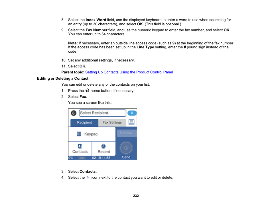 Editing or deleting a contact | Epson EcoTank Pro ET-5150 Wireless All-in-One Supertank Printer User Manual | Page 232 / 387