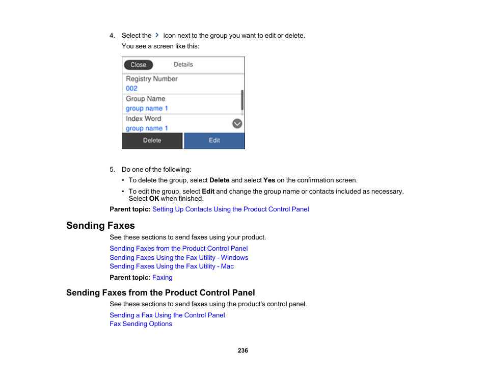 Sending faxes, Sending faxes from the product control panel | Epson EcoTank Pro ET-5150 Wireless All-in-One Supertank Printer User Manual | Page 236 / 387