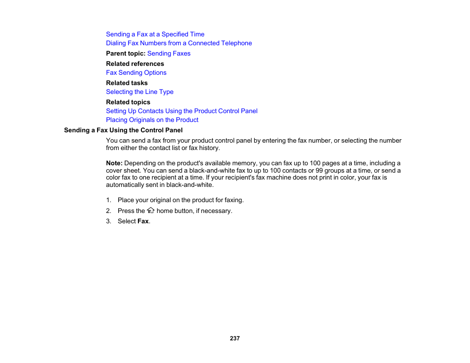 Sending a fax using the control panel | Epson EcoTank Pro ET-5150 Wireless All-in-One Supertank Printer User Manual | Page 237 / 387