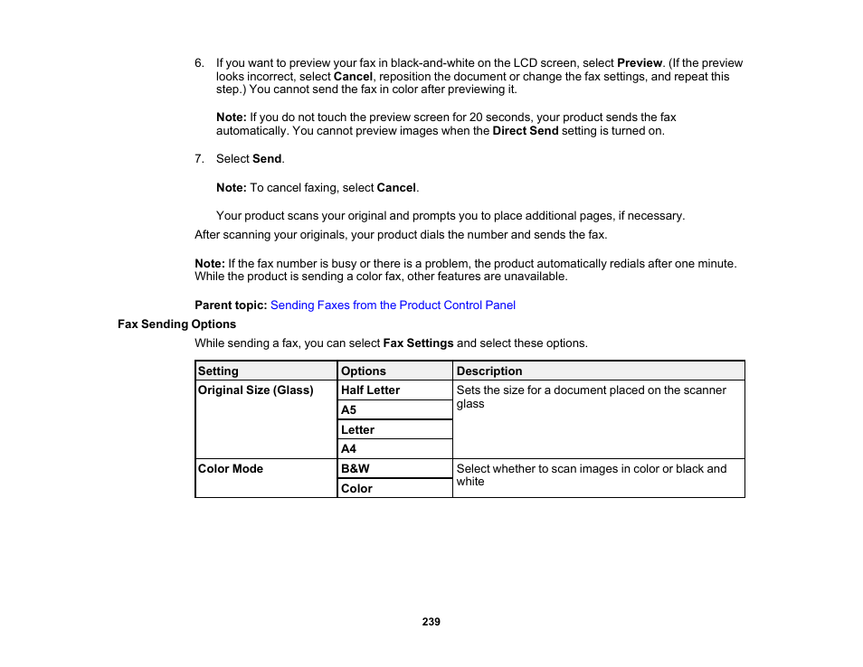 Fax sending options | Epson EcoTank Pro ET-5150 Wireless All-in-One Supertank Printer User Manual | Page 239 / 387