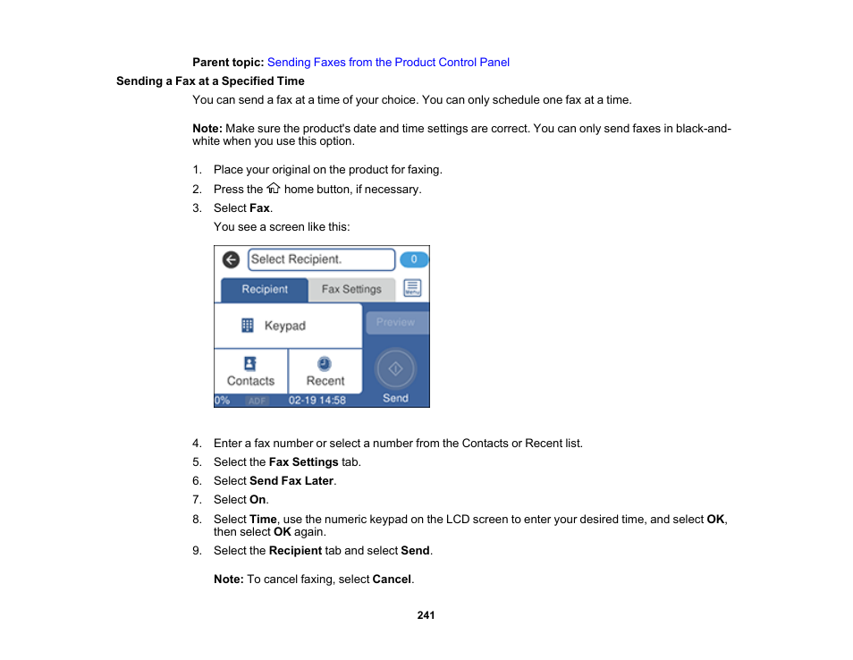 Sending a fax at a specified time | Epson EcoTank Pro ET-5150 Wireless All-in-One Supertank Printer User Manual | Page 241 / 387