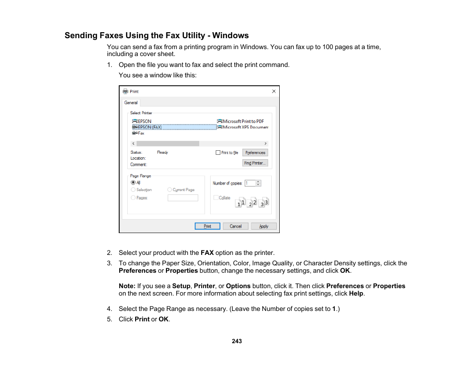 Sending faxes using the fax utility - windows | Epson EcoTank Pro ET-5150 Wireless All-in-One Supertank Printer User Manual | Page 243 / 387