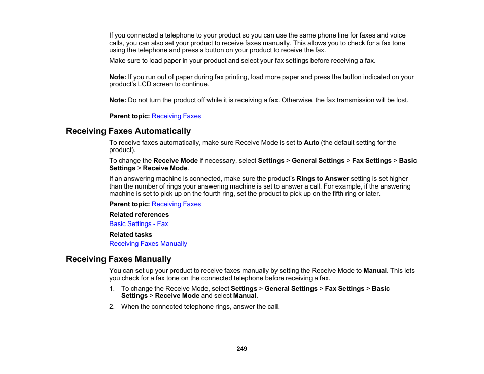 Receiving faxes automatically, Receiving faxes manually | Epson EcoTank Pro ET-5150 Wireless All-in-One Supertank Printer User Manual | Page 249 / 387