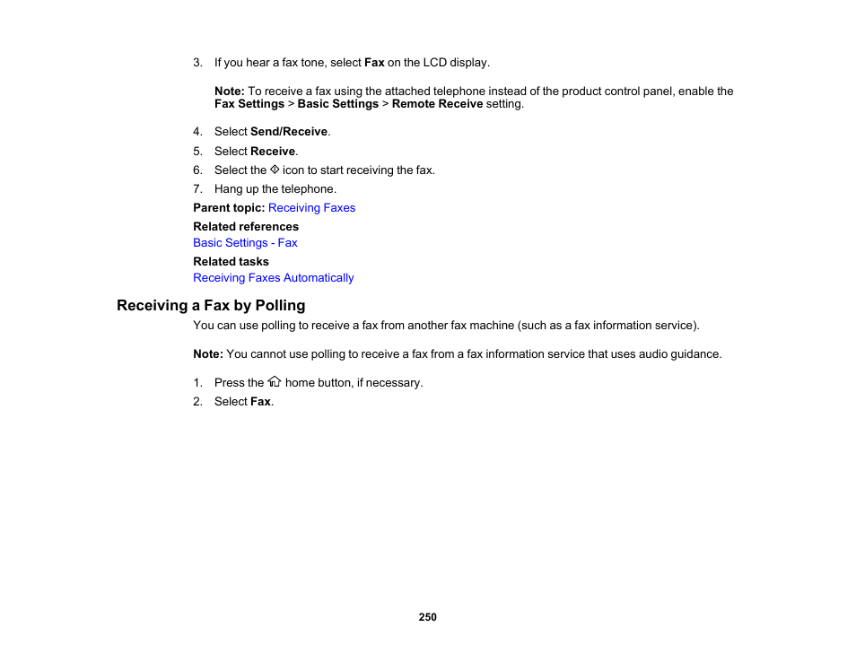 Receiving a fax by polling | Epson EcoTank Pro ET-5150 Wireless All-in-One Supertank Printer User Manual | Page 250 / 387