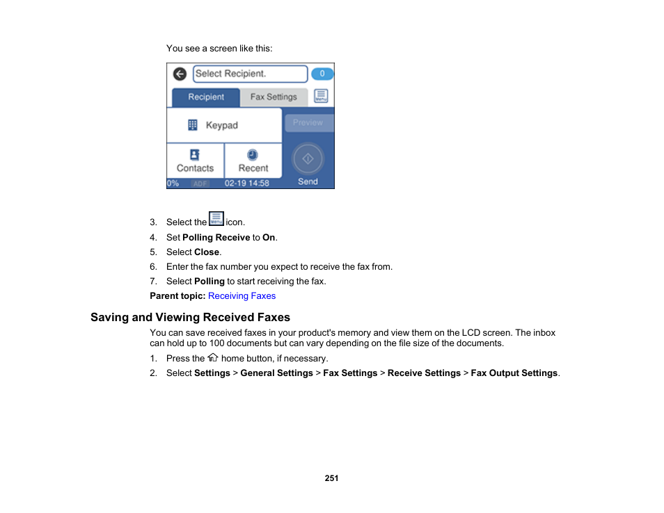 Saving and viewing received faxes | Epson EcoTank Pro ET-5150 Wireless All-in-One Supertank Printer User Manual | Page 251 / 387