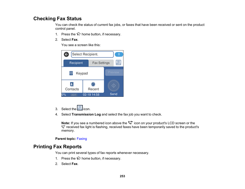 Checking fax status, Printing fax reports, Checking fax status printing fax reports | Epson EcoTank Pro ET-5150 Wireless All-in-One Supertank Printer User Manual | Page 253 / 387