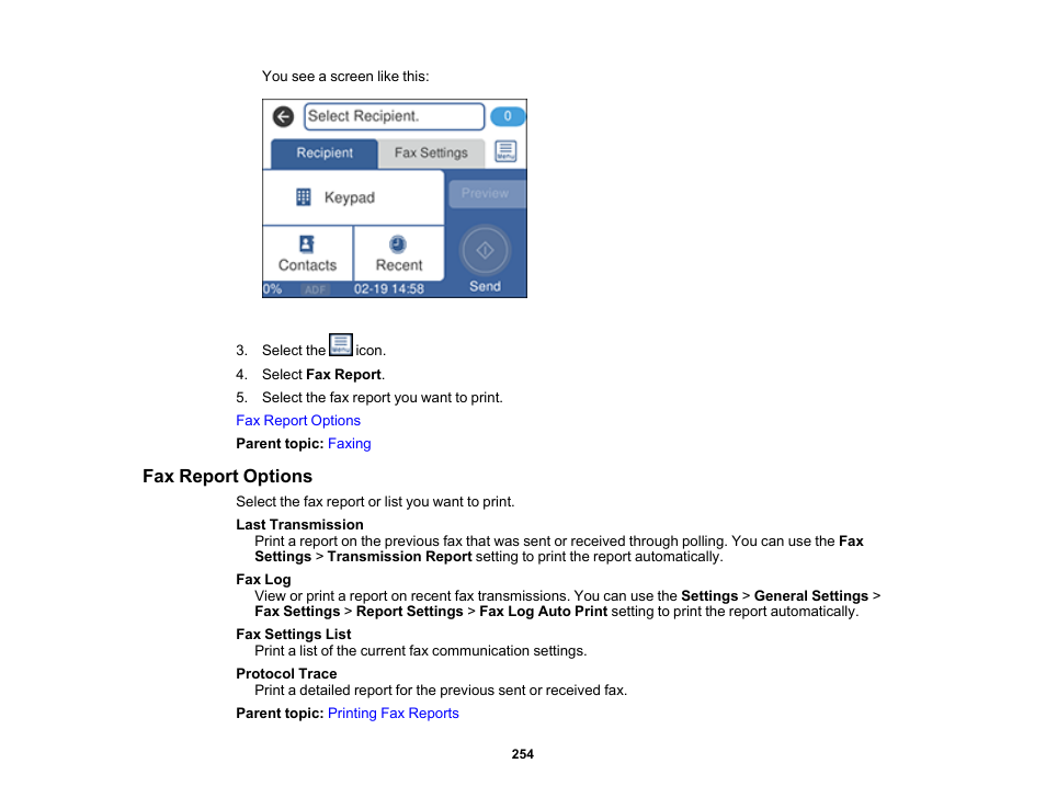 Fax report options | Epson EcoTank Pro ET-5150 Wireless All-in-One Supertank Printer User Manual | Page 254 / 387