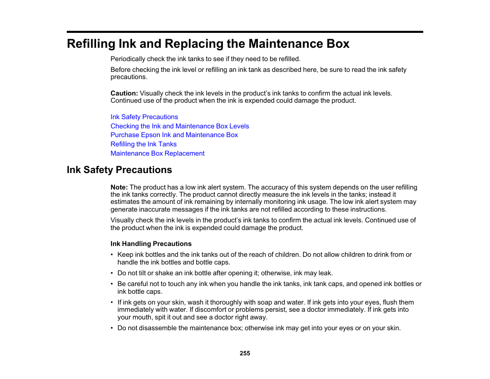 Refilling ink and replacing the maintenance box, Ink safety precautions | Epson EcoTank Pro ET-5150 Wireless All-in-One Supertank Printer User Manual | Page 255 / 387