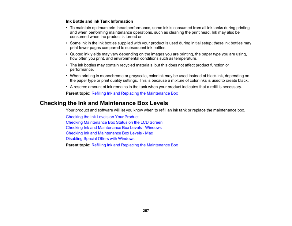 Checking the ink and maintenance box levels | Epson EcoTank Pro ET-5150 Wireless All-in-One Supertank Printer User Manual | Page 257 / 387