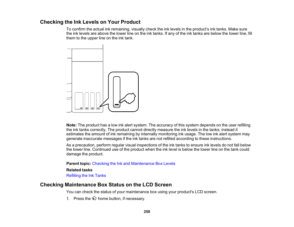 Checking the ink levels on your product, Checking maintenance box status on the lcd screen | Epson EcoTank Pro ET-5150 Wireless All-in-One Supertank Printer User Manual | Page 258 / 387