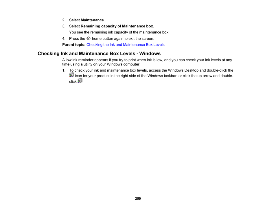 Checking ink and maintenance box levels - windows | Epson EcoTank Pro ET-5150 Wireless All-in-One Supertank Printer User Manual | Page 259 / 387