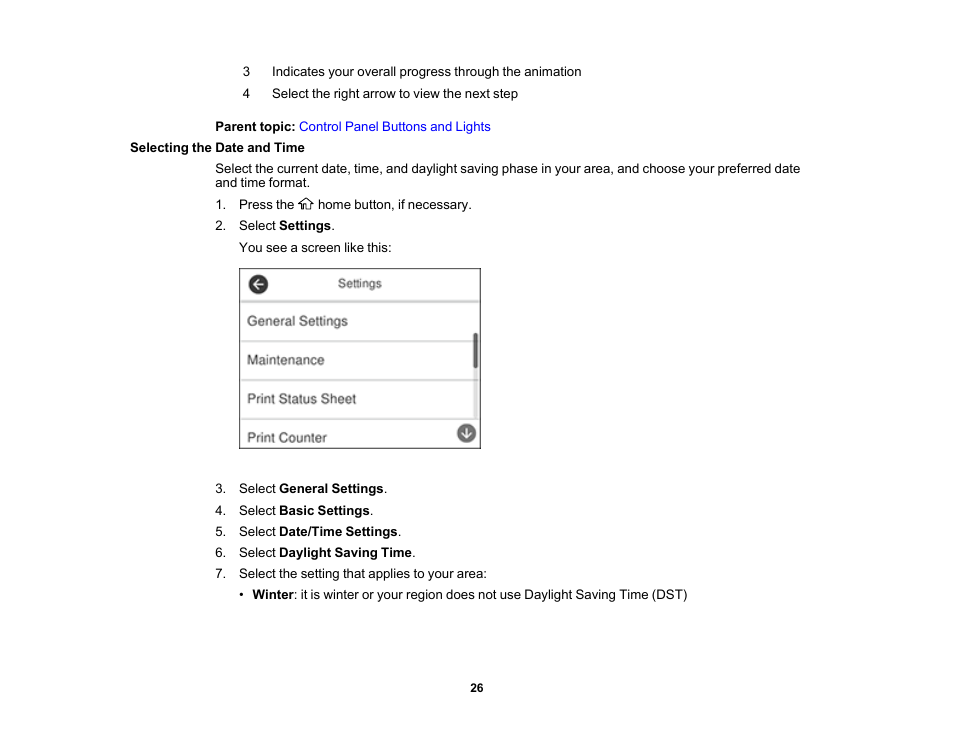 Selecting the date and time | Epson EcoTank Pro ET-5150 Wireless All-in-One Supertank Printer User Manual | Page 26 / 387
