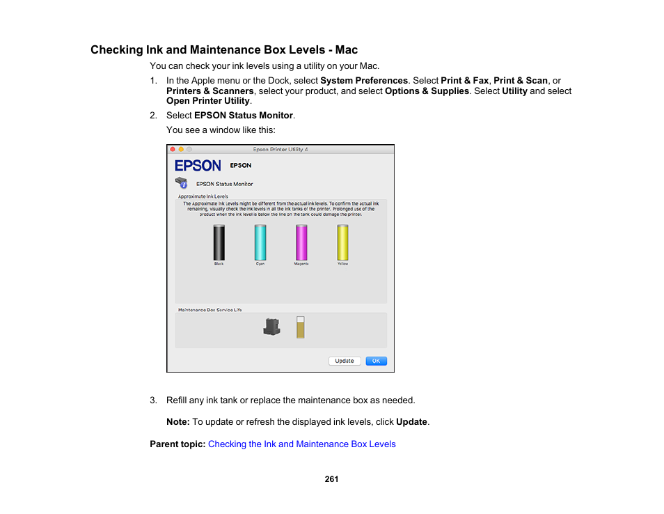 Checking ink and maintenance box levels - mac | Epson EcoTank Pro ET-5150 Wireless All-in-One Supertank Printer User Manual | Page 261 / 387
