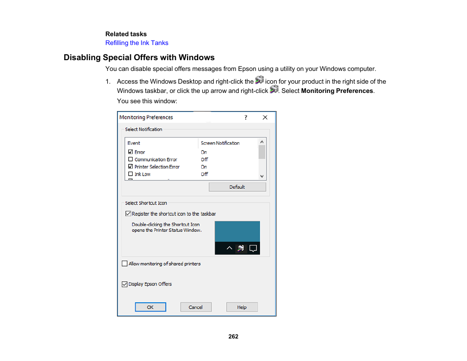 Disabling special offers with windows | Epson EcoTank Pro ET-5150 Wireless All-in-One Supertank Printer User Manual | Page 262 / 387
