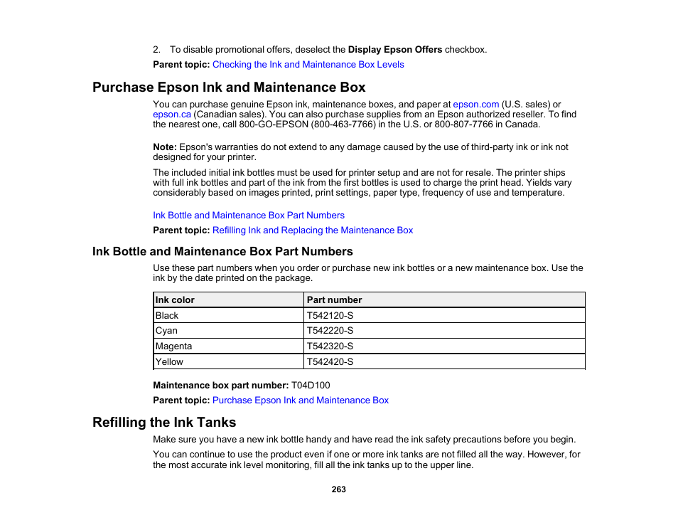 Purchase epson ink and maintenance box, Ink bottle and maintenance box part numbers, Refilling the ink tanks | Epson EcoTank Pro ET-5150 Wireless All-in-One Supertank Printer User Manual | Page 263 / 387