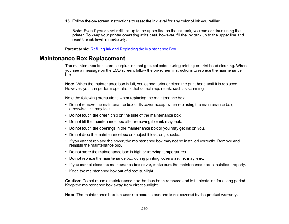 Maintenance box replacement | Epson EcoTank Pro ET-5150 Wireless All-in-One Supertank Printer User Manual | Page 269 / 387