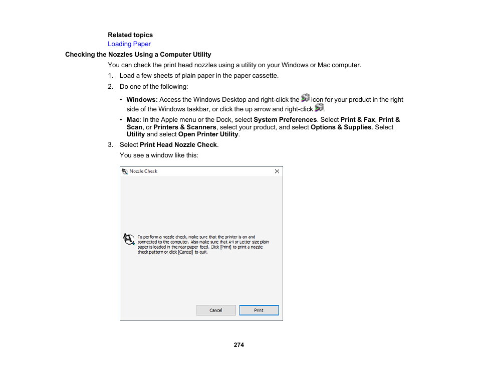 Checking the nozzles using a computer utility | Epson EcoTank Pro ET-5150 Wireless All-in-One Supertank Printer User Manual | Page 274 / 387