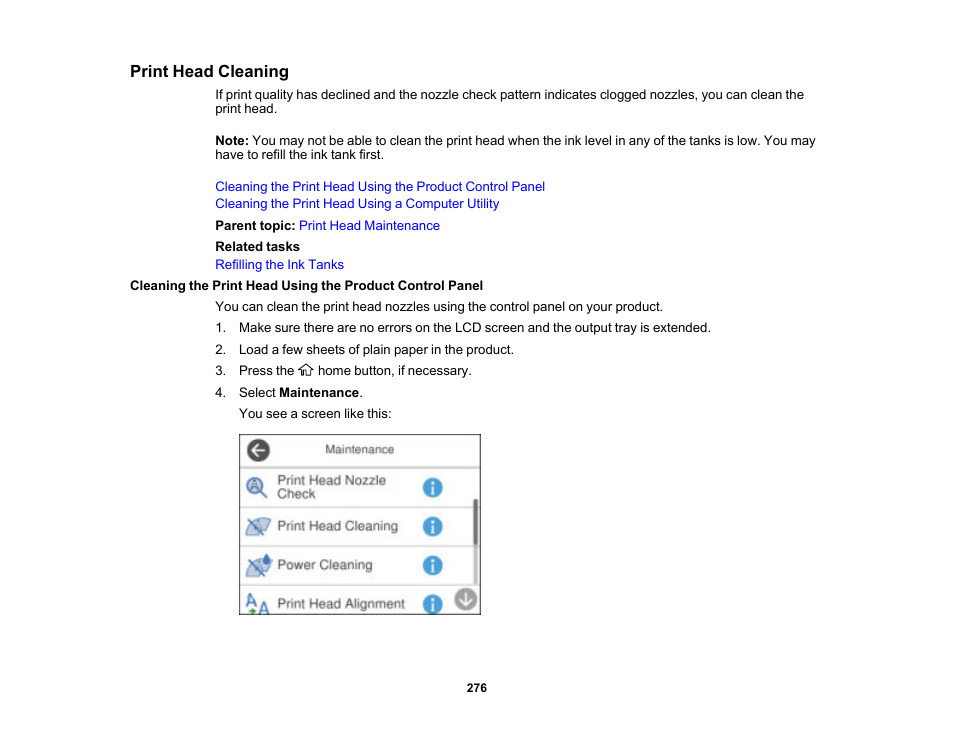 Print head cleaning | Epson EcoTank Pro ET-5150 Wireless All-in-One Supertank Printer User Manual | Page 276 / 387