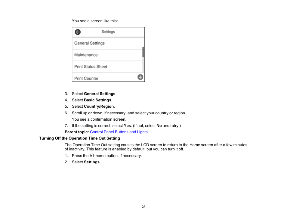 Turning off the operation time out setting | Epson EcoTank Pro ET-5150 Wireless All-in-One Supertank Printer User Manual | Page 28 / 387