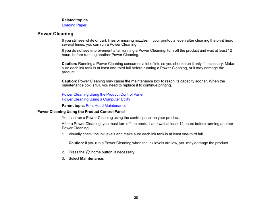 Power cleaning, Power cleaning using the product control panel | Epson EcoTank Pro ET-5150 Wireless All-in-One Supertank Printer User Manual | Page 281 / 387