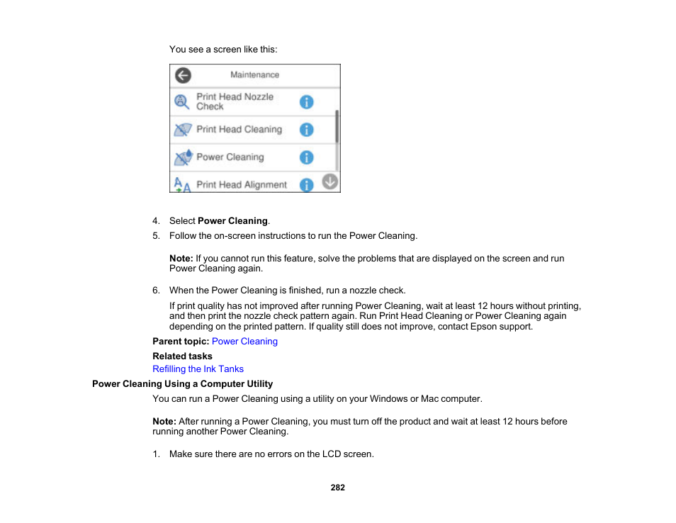 Power cleaning using a computer utility | Epson EcoTank Pro ET-5150 Wireless All-in-One Supertank Printer User Manual | Page 282 / 387