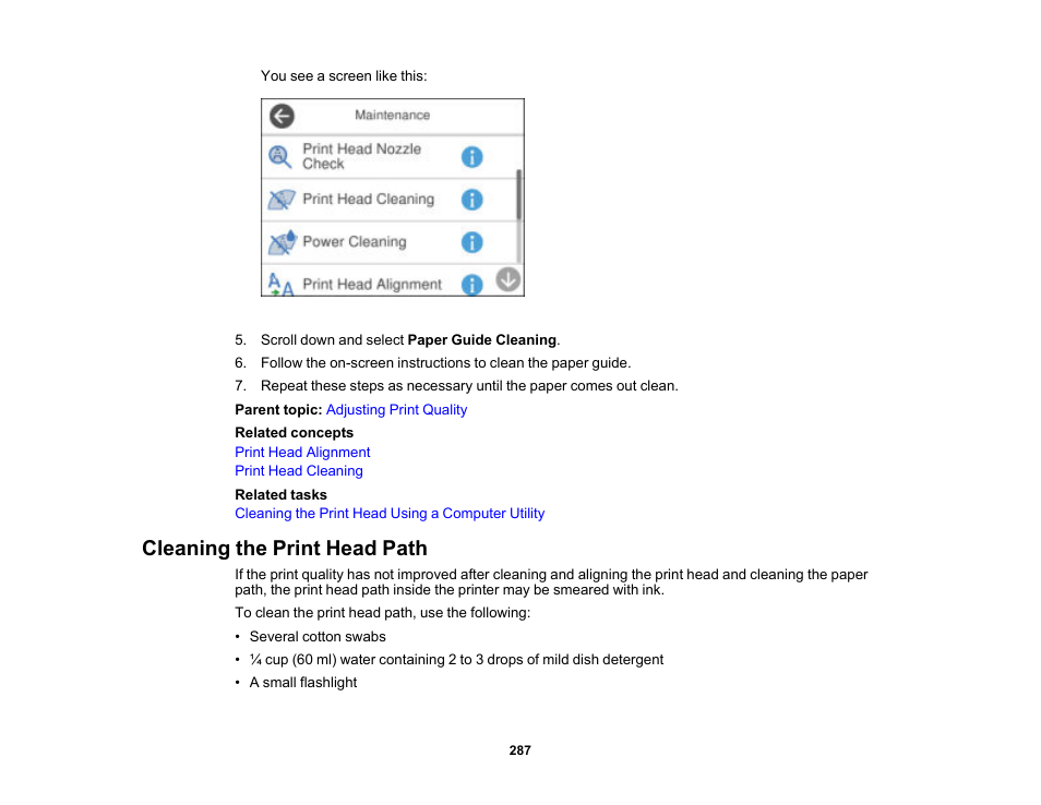 Cleaning the print head path | Epson EcoTank Pro ET-5150 Wireless All-in-One Supertank Printer User Manual | Page 287 / 387