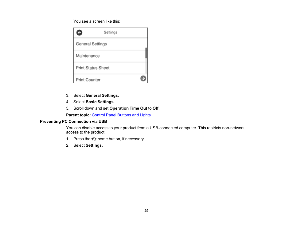 Preventing pc connection via usb | Epson EcoTank Pro ET-5150 Wireless All-in-One Supertank Printer User Manual | Page 29 / 387